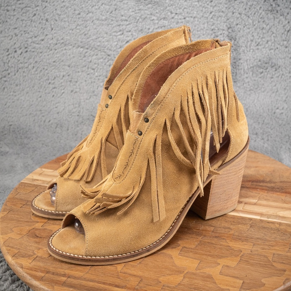 Musse & Cloud Galia Womens Camel Suede Fringe Peep Toe Ankle Bootie US 11 EU 41 - Picture 4 of 8